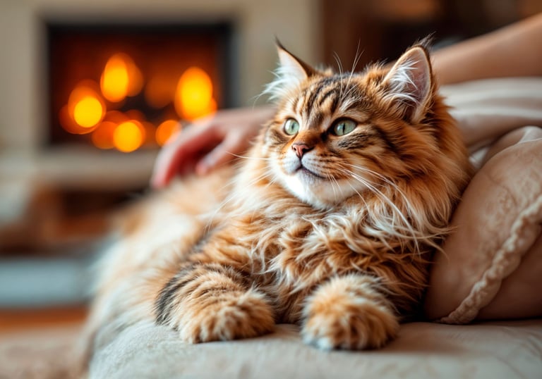 a cat is laying on a couch with a person's hand on the couch