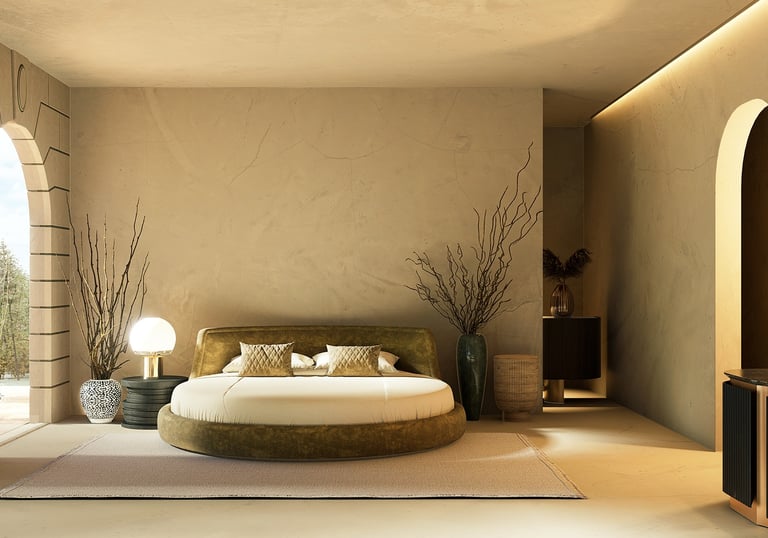 3D render of luxury bedroom with round bed