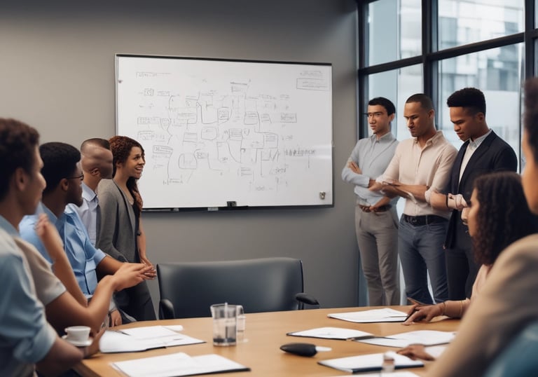 diverse group in a board room with on person standing at the white board