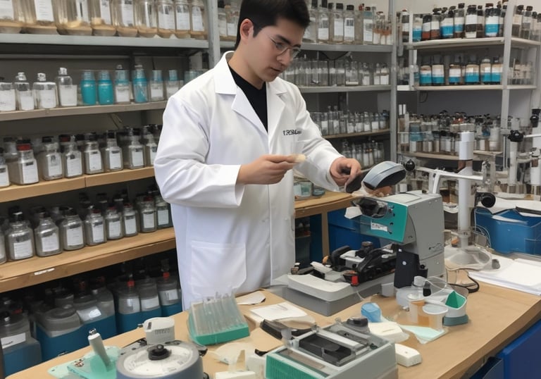 Several small glass jars contain different types of crystalline or granular substances, placed on a reflective surface. The contents vary in color and texture, with one jar holding a pale yellow, crumbly substance and another containing a darker amber, granular material.