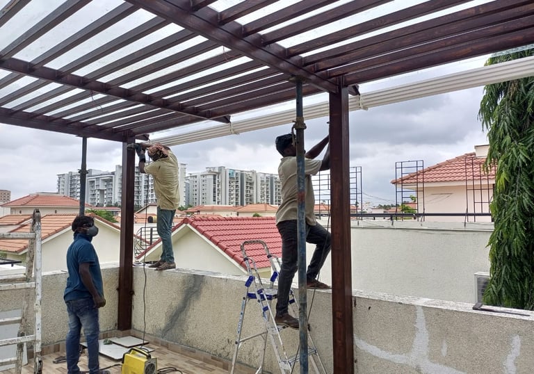 Outdoor pergola structure designed and fabricated for villas and apartments in Bangalore