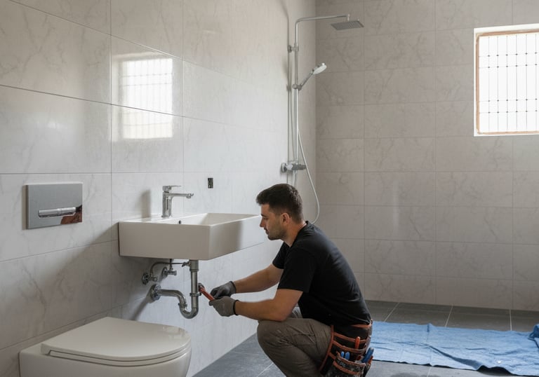 a plumber installing fittings in bathroom