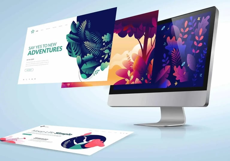 a desktop computer monitor displaying website design samples