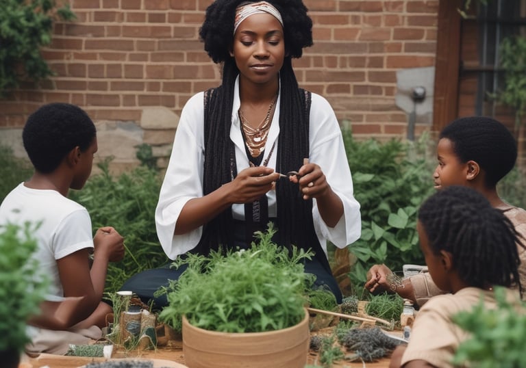A vibrant booth displaying herbal products at a market.