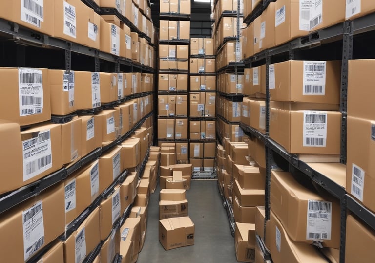 A spacious warehouse with neatly stacked pallets and organized inventory shelves.
