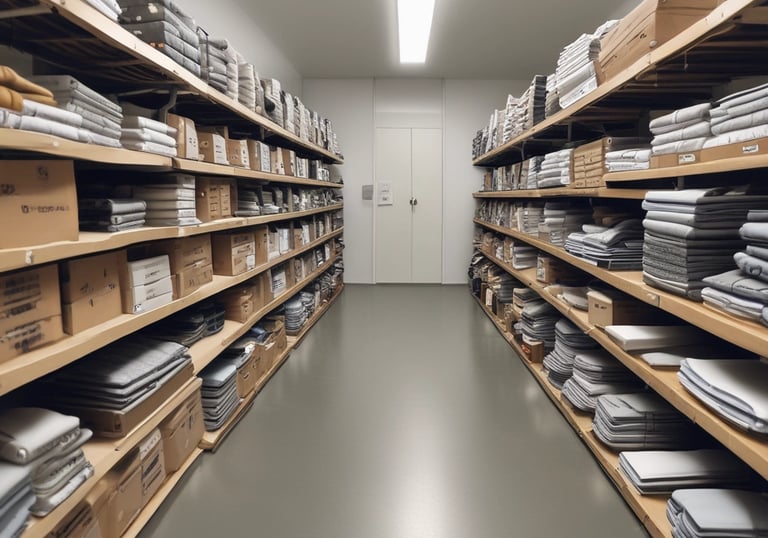 A neatly organized factory showroom displaying various finished textile products.