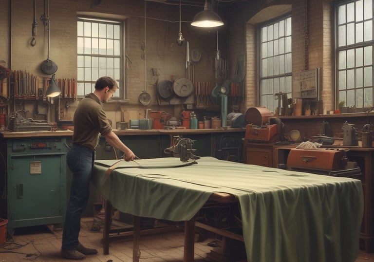 A professional textile cutting machine in action surrounded by fabric rolls.