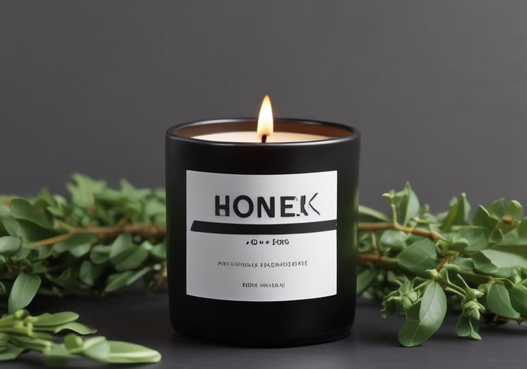 A brown glass candle jar labeled 'CHRISM' contains a white candle with wisps of smoke rising elegantly. Green sprigs and a black candle accessory are placed artistically around it on a dark surface, adding to the composition.