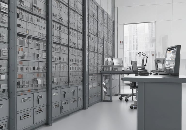 A monochromatic indoor scene featuring a consultation area with a modern design. Two people are seated at a long wooden table, working on laptops, while another person stands nearby. Bookshelves are visible beneath the table, and a sign reads 'Consultation Specialisee'. Overhead lighting and glass partitions add to the contemporary architectural style.