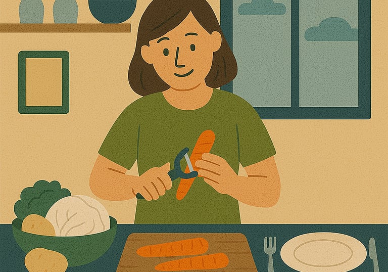 Préparation des repas : épluchage de légumes, mise en cuisson, dressage de table