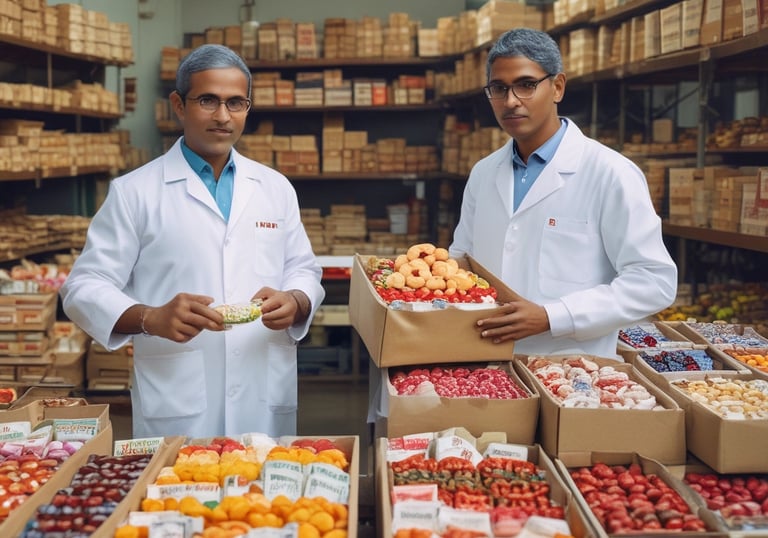 Two women wearing white lab coats are standing in a factory setting, holding bags of candies or goods. A large table covered with numerous small packages is in front of them. Boxes labeled 'Vancouver' and 'Jamaica' are nearby, suggesting packaging or distribution activities. The background features industrial equipment and shelves.