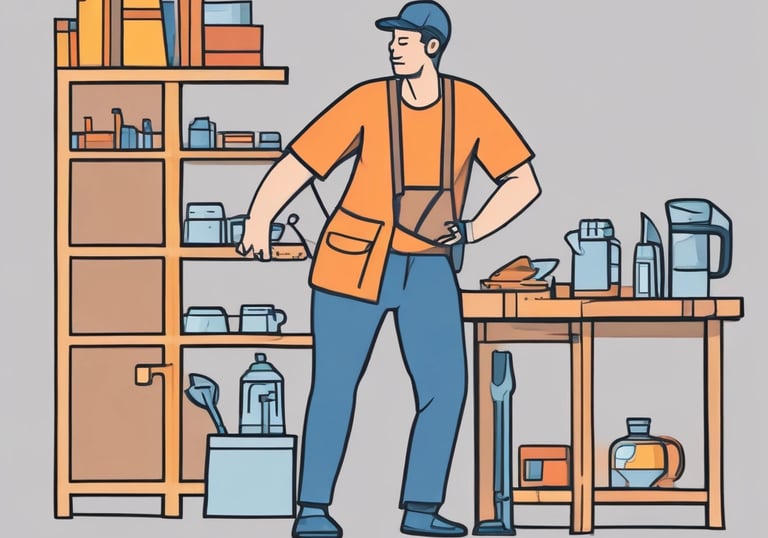 a man in a workwear suit and a hat with a gun