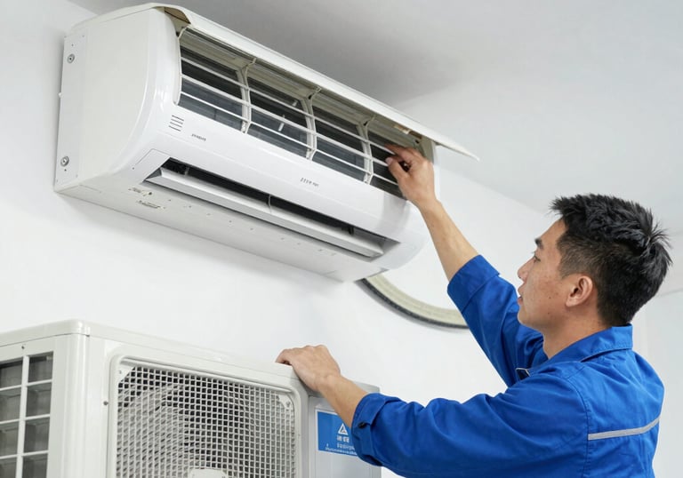 A sunlit patio with terracotta tiles is adorned with cleaning equipment, including a wet and dry vacuum, containers of cleaning solutions, and a pressure washer. A portion of a white car is visible near a hedge-lined driveway, while lush green vegetation and a manicured lawn provide a backdrop.