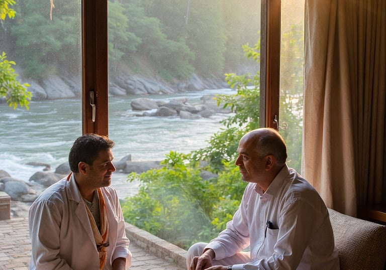 A homeopathic practitioner consulting with a patient in a clinic, discussing personalized treatment