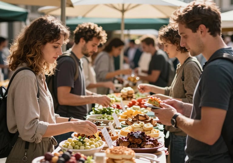 A vibrant modern European / French food market with people interacting at a stall, warm natural lighting, professional photography style.
