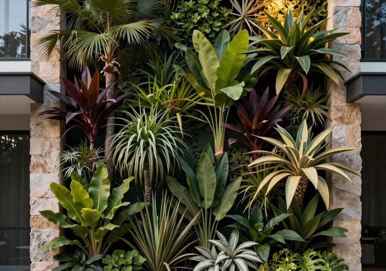 A lush vertical garden on a stone wall of a modern residential building, featuring native Latin American plants and integrated lighting.