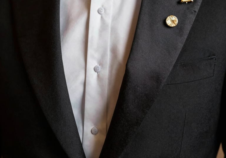 Close-up of a luxurious black tuxedo lapel with silk finish, reflecting soft warm light, showcasing a gold lapel pin, elegant and sophisticated atmosphere, European / Spanish.