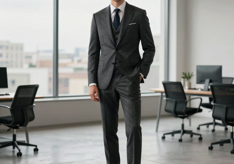 Full-length photography of a sophisticated man wearing a tailored three-piece charcoal suit, standing in a minimalist modern office with large windows, European / Spanish setting.
