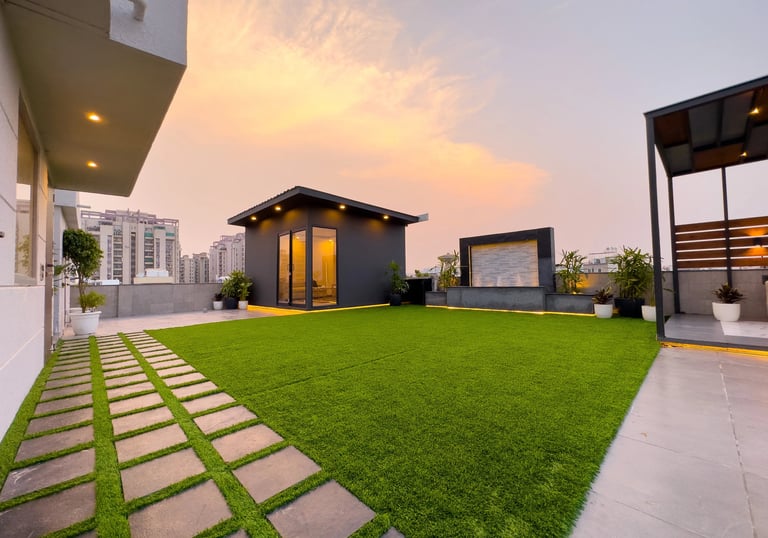 Beautiful terrace garden with pergola and hanging plants