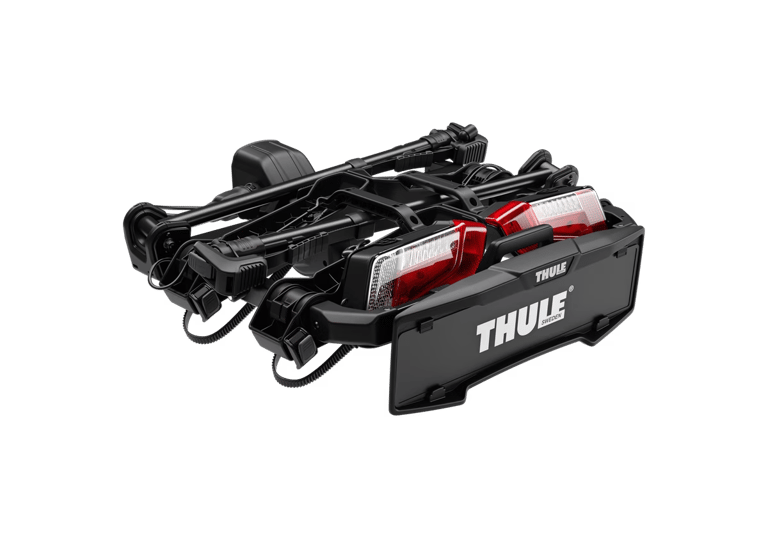 Thule bike rack folded for compact storage with integrated rear lights.
