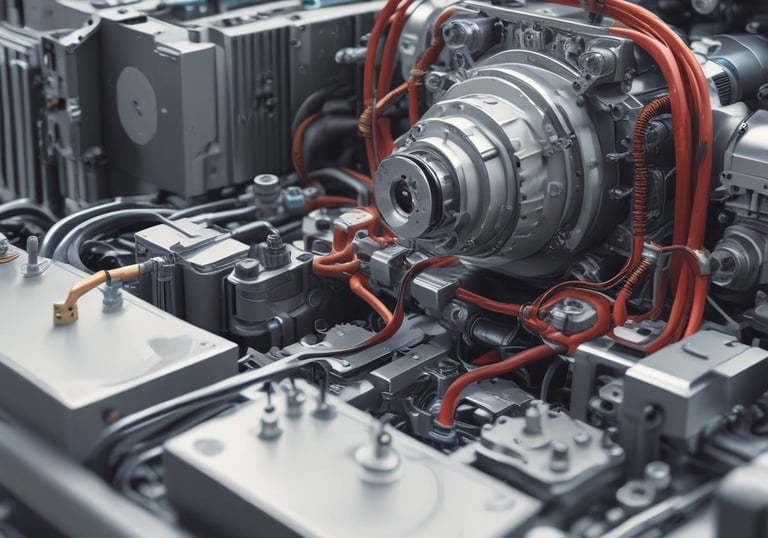 A close-up view of a hydraulic machine component with several interconnected metal pipes and hoses. The machinery appears heavily used, with visible dirt and oily residue coating parts of the structure. The main focus is on a central gear or joint caked in mud and oil, surrounded by a network of thick black cables and yellow metal framework.