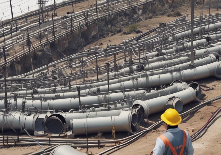 A detailed view of a yellow mechanical component with various hydraulic hoses and connectors. The central circular part has the label 'Plasser & Theurer'. The setup includes metallic bolts, pipes, and intricate wiring, indicating it is part of heavy machinery.
