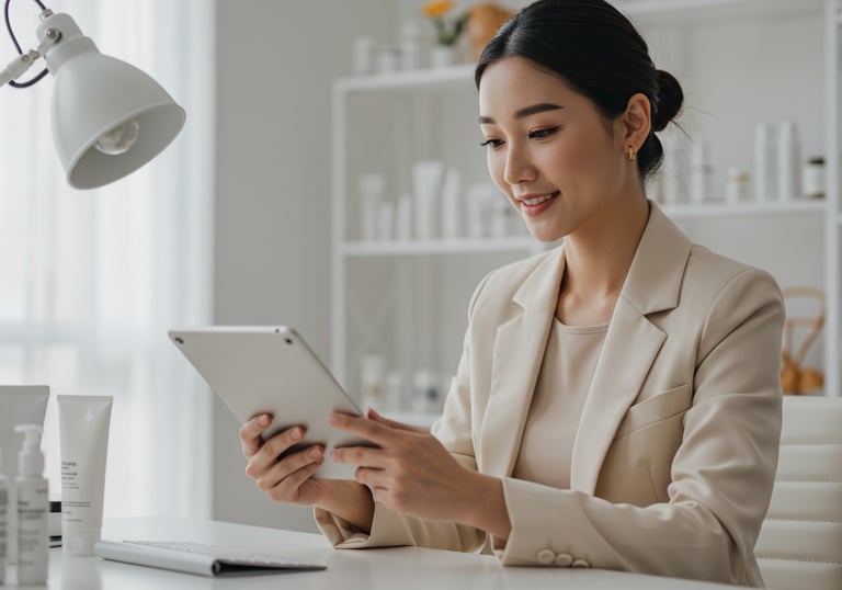 a woman in a suit and a tablet computer