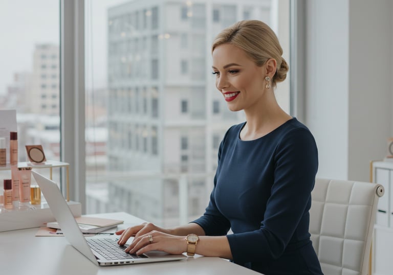 a woman in a blue dress is sitting at a desk