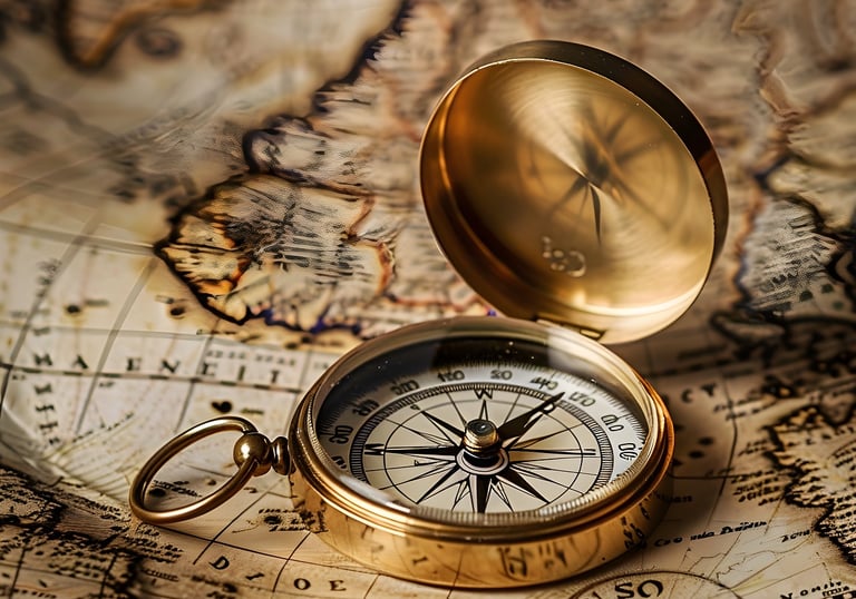 Kompass auf Weltkarte als Symbol für werteorientierte Führung und Achtsamkeit im Unternehmen