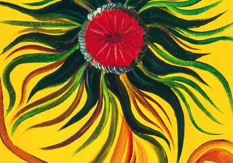 dark blue petaled sunflower on yellow background by yous painting