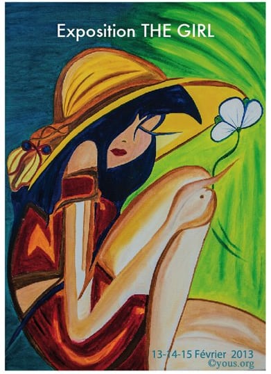 painting girl holding white flower