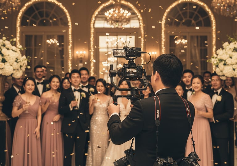 a man in a suit and tie is taking a photo of a wedding party