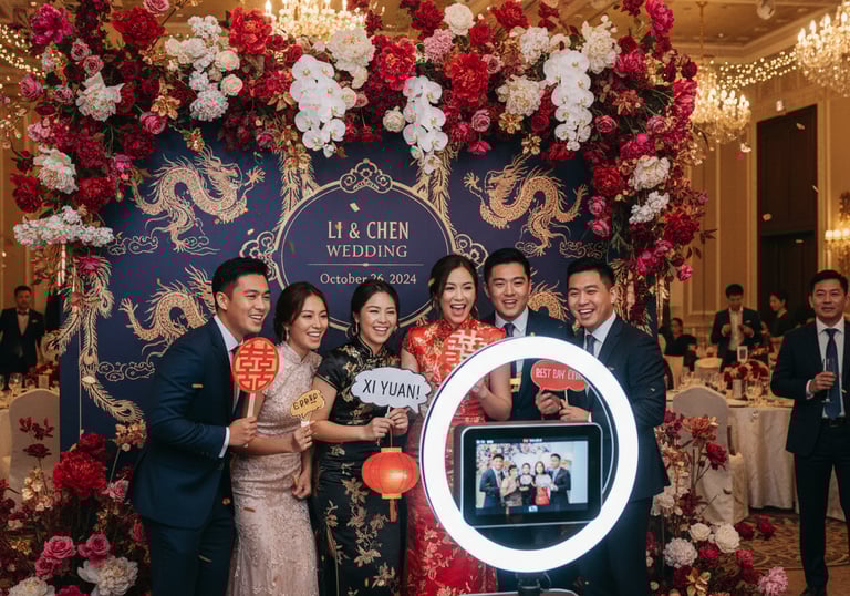 a group of people standing around a large mirror