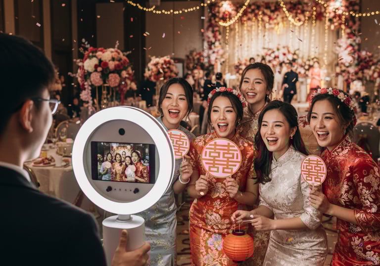 a group of people standing around a camera