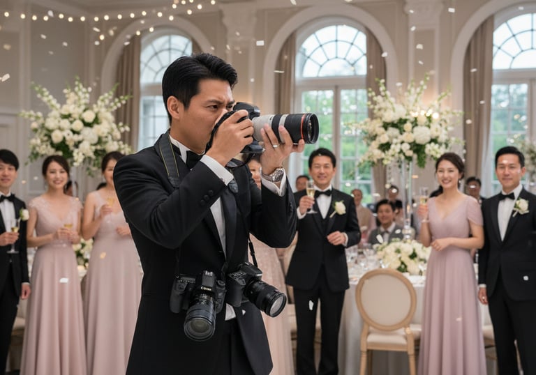 a man in a tuxedo suit and a camera