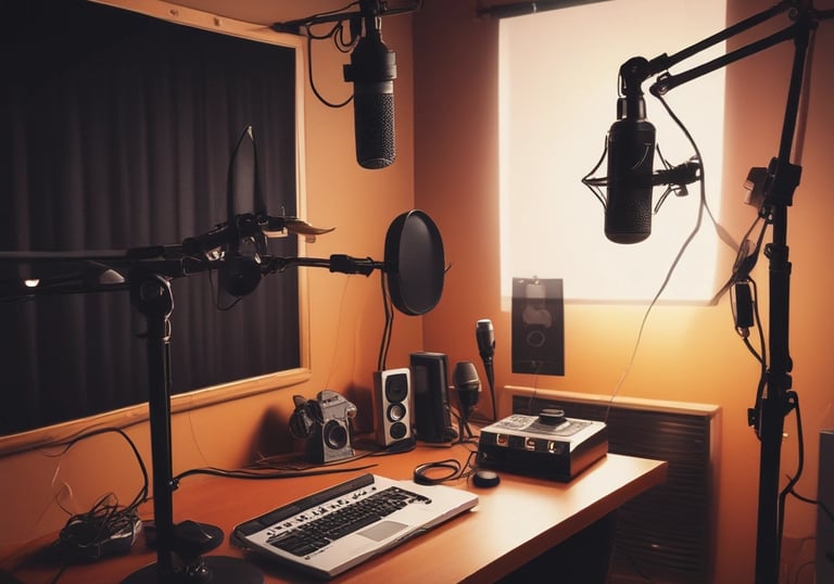 A modern podcast studio with professional microphone setups on a table surrounded by green and black office chairs. The room has acoustic foam on the walls for soundproofing and large square ceiling lights. The walls are predominantly adorned with decorative panels and some branding elements.