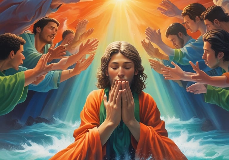 A church service or concert with a band performing on stage. The stage is illuminated with colorful lights and a prominent cross made of lights stands at the center. Musicians are playing instruments, including guitars and drums. The audience is seen sitting and standing, engaged with the performance.