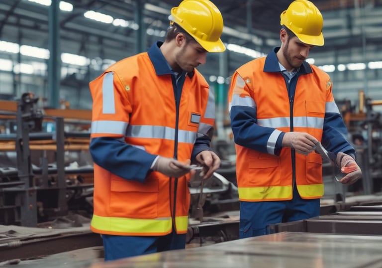 Workers wearing protective gear in a bright industrial setting.