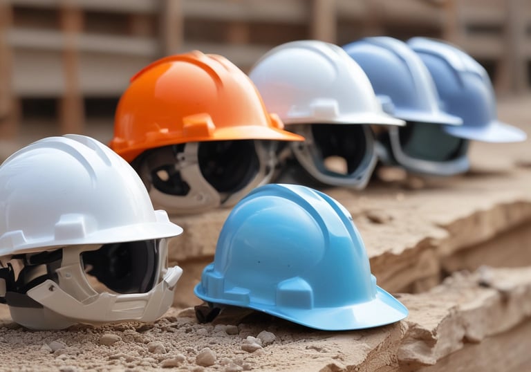 Sleek safety helmets and gloves displayed with futuristic lighting.