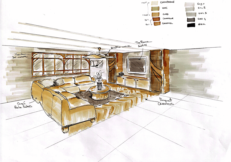 Croquis de perspective d'un salon d'un projet de HOJE STUDIO
