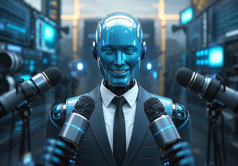 ai male robot business suit influencer standing in front of several mics