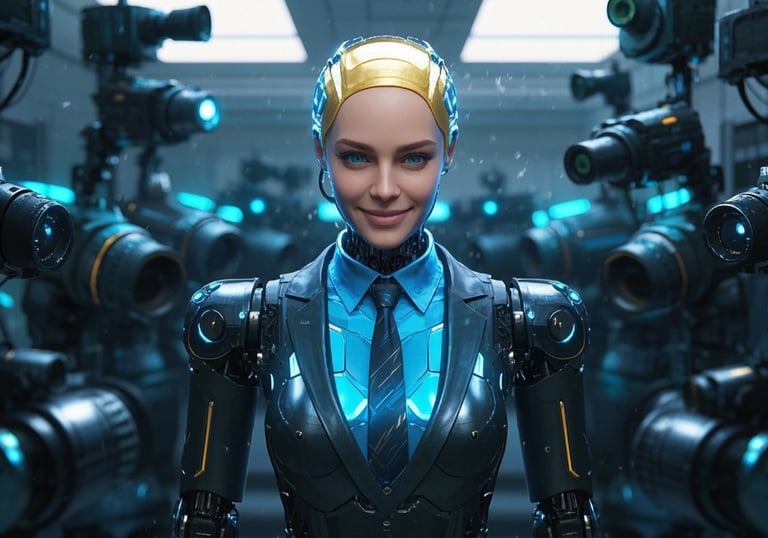ai female robot business suits influencer surrounded by several cameras 