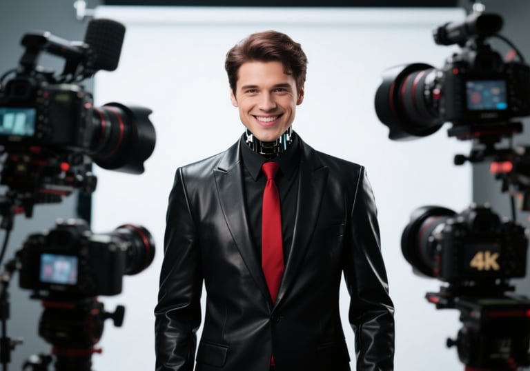 a man in a black leather suit and red tie several cameras aimed at him