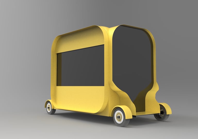 Bapsule : Stylish metal food pop-up shop with front window. with wheels