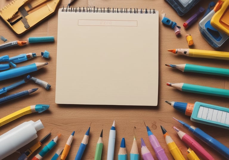 A table displaying various stationery items, including notebooks, a wooden box, papers, a paper camera model, and some decorative items. The surface is illuminated brightly while a shadowed area beneath reveals a trash bin and an electrical outlet with multiple plugs.