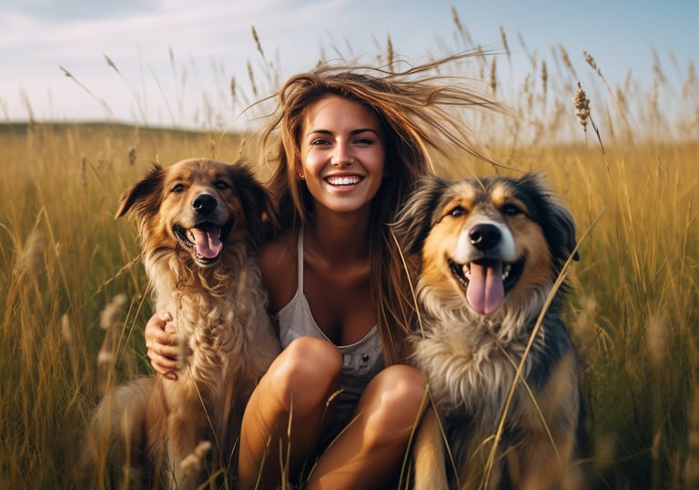 a woman sitting in a field with three dogs