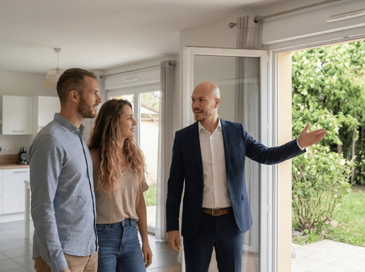 Conseiller immobilier accompagnant un couple lors de la visite d'une maison à Maurepas