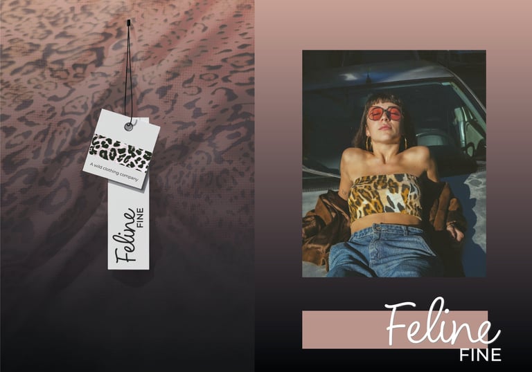 clothes tags and a woman showcasing feline fine clothing brand