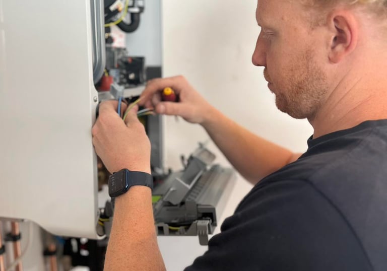 A Gas Safe engineer performs a boiler service and electrical repairs on a wall-mounted heating system.