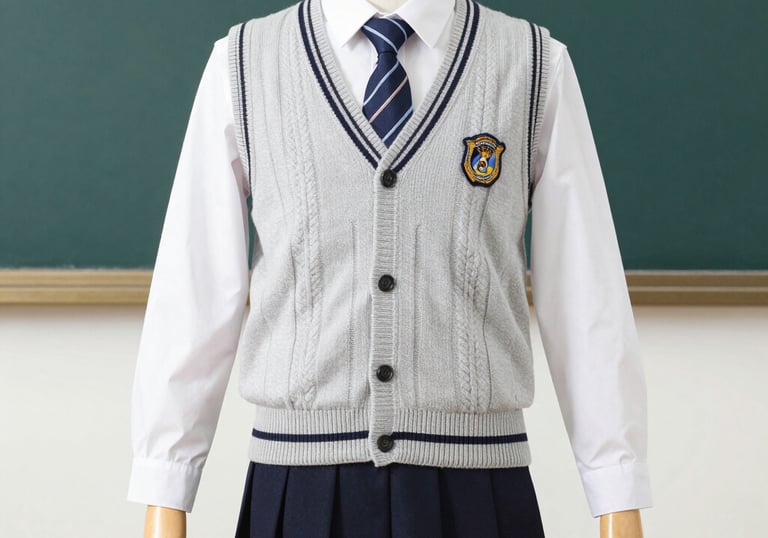 Close-up of high-quality fabric and stitching details on a school uniform shirt.